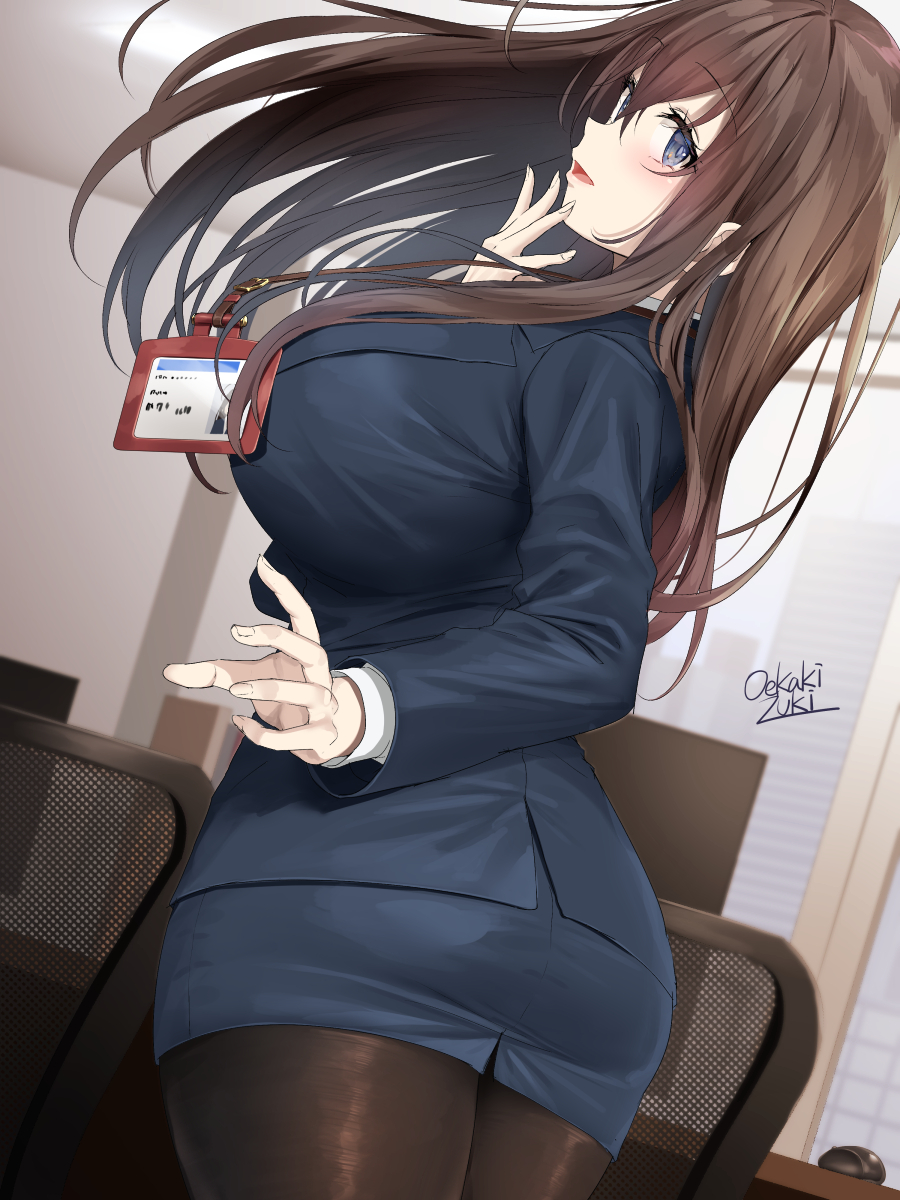 1girl artist_name ass bangs blinds blue_eyes blush breasts brown_hair chair commentary_request eyebrows_visible_through_hair from_side highres id_card large_breasts long_hair looking_at_viewer monitor mouse_(computer) oekakizuki office_lady open_mouth original pantyhose skirt solo twisted_torso