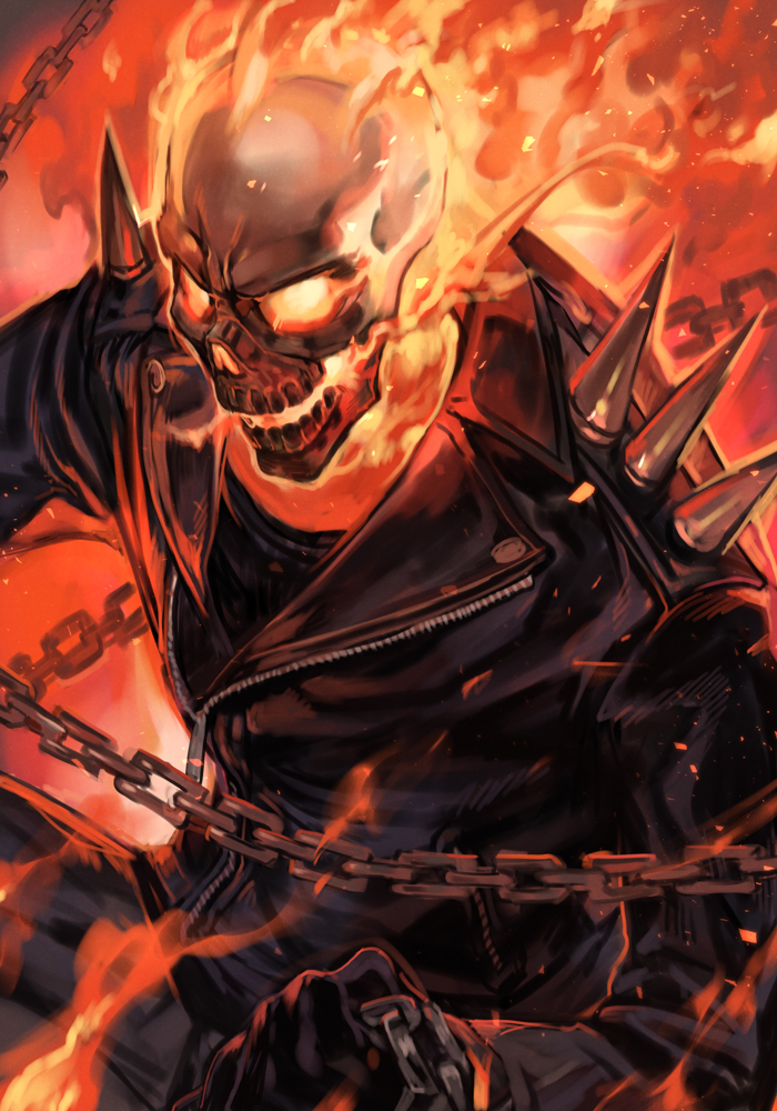 biker_clothes black_jacket black_pants black_shirt bracelet burning chain fire flame flaming_eyes flaming_skull ghost_rider gloves hankuri holding holding_chain hankuri jacket jewelry leather leather_jacket marvel no_humans pants red_background shirt shoulder_spikes skull solo spikes studded unzipped weapon zipper