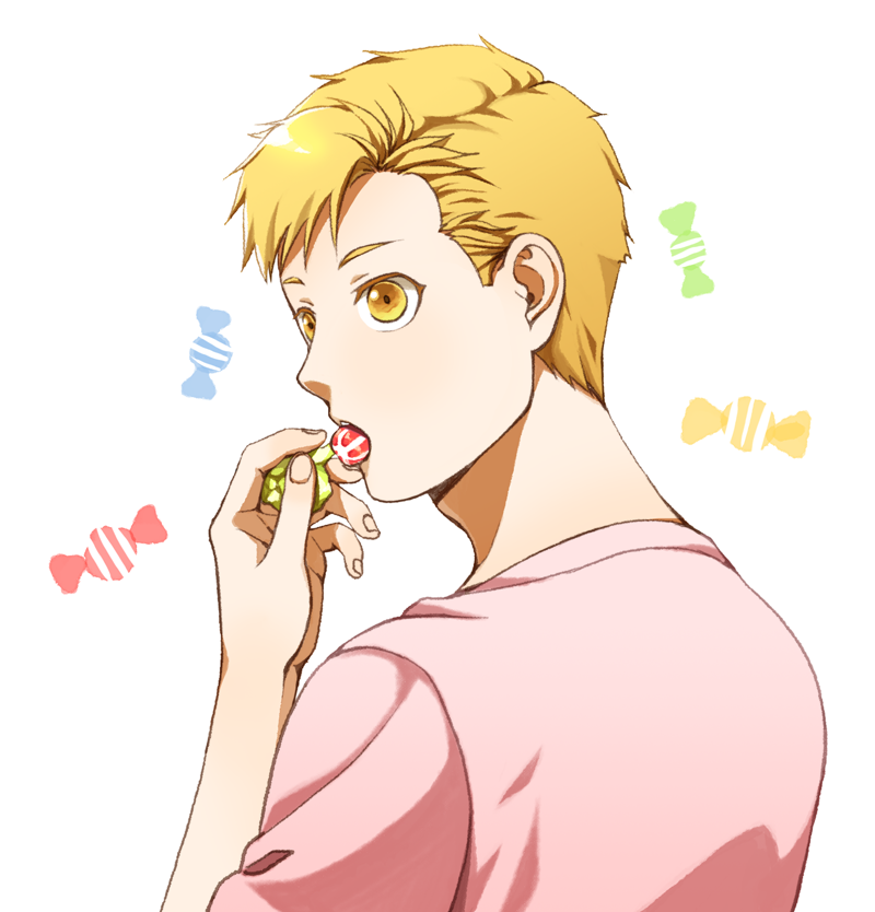 1boy alphonse_elric blonde_hair candy candy_wrapper close-up colored_eyelashes colorful expressionless eyelashes facing_away fingernails food food_in_mouth from_behind fullmetal_alchemist hand_up looking_afar looking_back male_focus nape open_mouth pai_(1111) shiny shiny_hair shirt simple_background striped striped_background sweets tareme teeth teeth_hold upper_body upper_teeth white_background white_shirt yellow_eyes