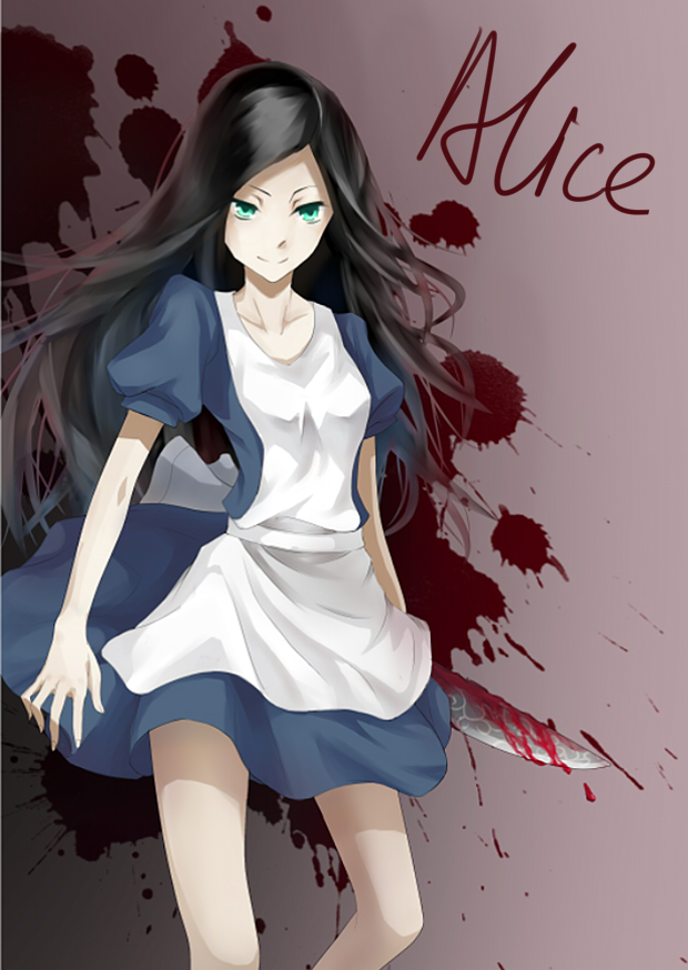 1girl alice:_madness_returns alice_(wonderland) alice_in_wonderland american_mcgee's_alice apron black_hair blood breasts closed_mouth dress green_eyes knife long_hair looking_at_viewer solo weapon yekong