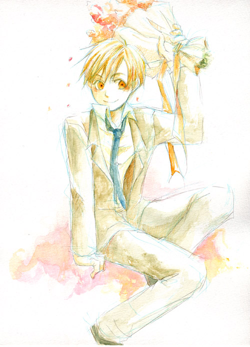 1boy alphonse_elric apiyochi arm_support black_footwear blonde_hair blue_neckwear blush bouquet closed_mouth collared_shirt colored_pencil_(medium) commentary_request eyebrows_visible_through_hair facing_viewer flower formal fullmetal_alchemist gradient gradient_background grey_jacket grey_pants hair_between_eyes hand_up happy high_collar holding holding_bouquet jacket leg_up looking_to_the_side male_focus necktie open_clothes open_jacket orange_background orange_flower orange_ribbon pale_color pants petals pink_background red_flower ribbon shaded_face shirt simple_background sitting smile suit tareme traditional_media watercolor_(medium) white_background white_shirt yellow_eyes