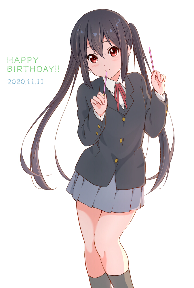 1girl black_hair dated dresstrip grey_skirt happy_birthday k-on! looking_at_viewer nakano_azusa school_uniform skirt solo twintails white_background