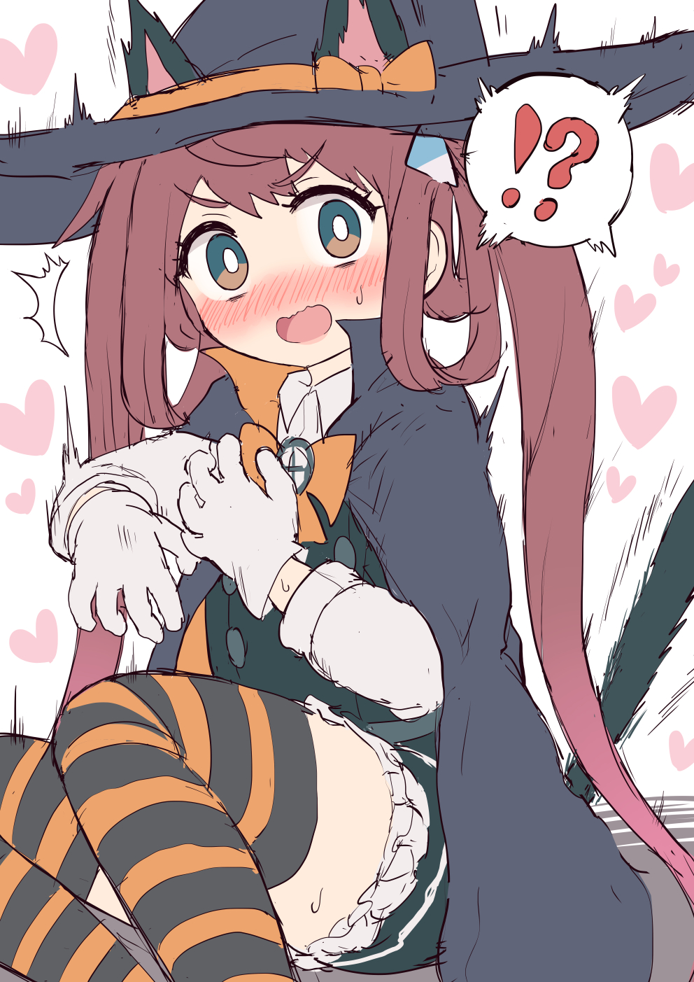 !? 1girl animal_ears asagumo_(kantai_collection) asashio_(kantai_collection) asashio_(kantai_collection)_(cosplay) bangs black_dress blush brown_hair cape cat_ears cat_tail cosplay dress eyebrows_visible_through_hair frilled_dress frills gloves hair_ribbon halloween halloween_costume hat heart highres kantai_collection long_hair long_sleeves nose_blush open_mouth pinafore_dress ribbon school_uniform shirt simoyuki simple_background solo striped striped_legwear sweat tail thigh-highs twintails white_background white_gloves white_shirt witch_hat