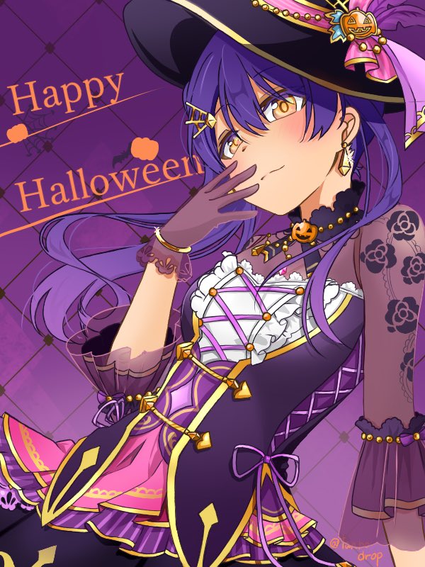 bag blue_hair commentary_request earrings floral_print gloves hair_between_eyes hair_ornament hairclip halloween hand_up happy_halloween hat jack-o'-lantern jewelry long_hair looking_at_viewer love_live! love_live!_school_idol_festival love_live!_school_idol_project pumpkin see-through sonoda_umi tanboniotiro witch_hat yellow_eyes