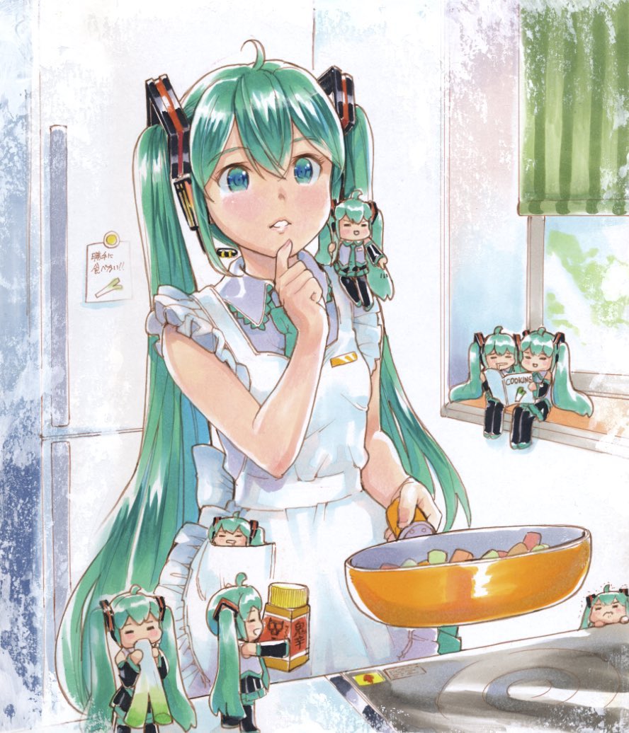 6+girls =_= ahoge apron aqua_eyes aqua_hair aqua_neckwear bare_shoulders black_legwear black_skirt black_sleeves book bottle clone commentary cookbook cooking detached_sleeves eating finger_to_chin frilled_apron frills frying_pan grey_shirt hair_ornament hatsune_miku headphones headset holding holding_frying_pan in_pocket indoors kitchen long_hair mayo_riyo minigirl multiple_girls necktie note open_book parted_lips pleated_skirt pointing reading refrigerator shared_book shirt sitting skirt sleeveless sleeveless_shirt spice spring_onion spring_onion_print thigh-highs thinking translated twintails very_long_hair vocaloid white_apron window