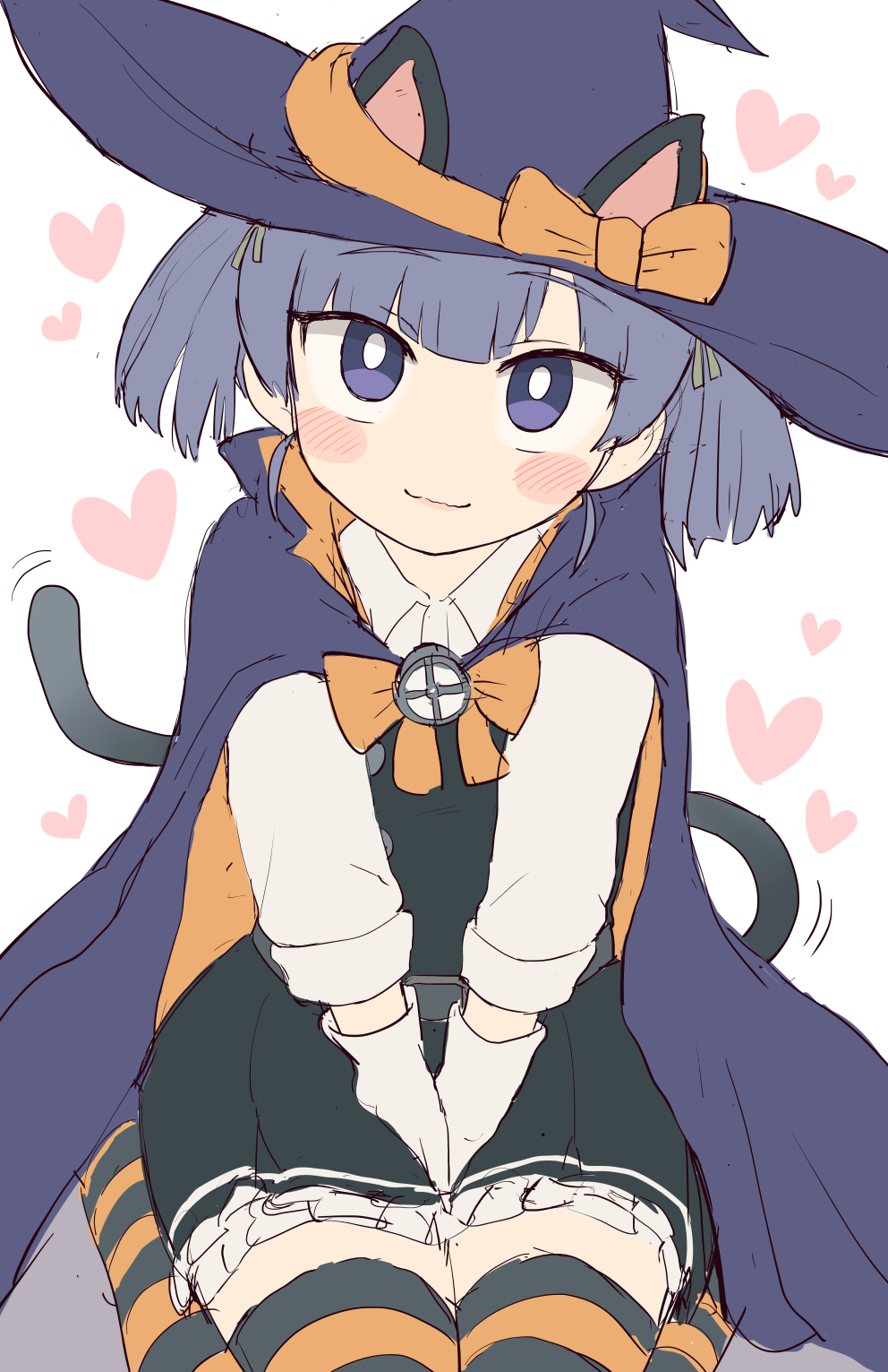 1girl animal_ears asashio_(kantai_collection) asashio_(kantai_collection)_(cosplay) bangs black_dress blush cat_ears cat_tail closed_mouth cosplay dress eyebrows_visible_through_hair frilled_dress frills gloves grey_hair hair_ribbon halloween halloween_costume hands_on_lap hat heart highres kantai_collection long_sleeves looking_at_viewer ooshio_(kantai_collection) pinafore_dress purple_headwear ribbon school_uniform shirt short_twintails simoyuki simple_background sitting solo striped striped_legwear tail thigh-highs twintails violet_eyes white_background white_gloves white_shirt witch_hat