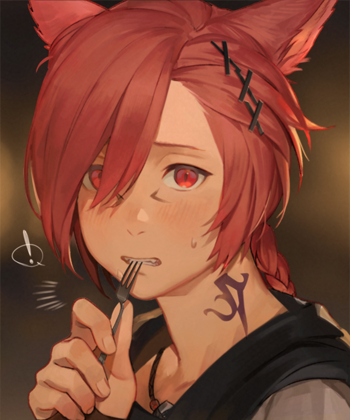 ! 1boy animal_ears bangs blush braid cat_ears fangs ffxivys final_fantasy final_fantasy_xiv fork g'raha_tia hair_ornament hair_over_one_eye hand_up holding holding_fork jewelry looking_at_viewer male_focus miqo'te neck_tattoo necklace portrait red_eyes redhead single_braid solo swept_bangs tattoo utensil_in_mouth x_hair_ornament