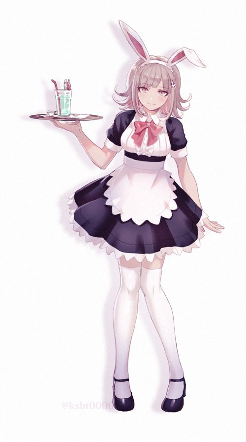 1girl alternate_costume animal_ears apron artist_name bangs black_footwear blush bow bowtie breasts center_frills closed_mouth commentary_request cup dangan_ronpa dress drinking_glass drinking_straw fake_animal_ears flipped_hair frills full_body hair_ornament hairclip holding holding_tray ksbt0000 light_brown_hair looking_at_viewer maid maid_apron mary_janes medium_hair nanami_chiaki pink_bow pink_eyes pink_neckwear puffy_short_sleeves puffy_sleeves purple_dress rabbit_ears shoes short_sleeves simple_background smile solo standing super_dangan_ronpa_2 thigh-highs tray white_apron white_background white_legwear zettai_ryouiki