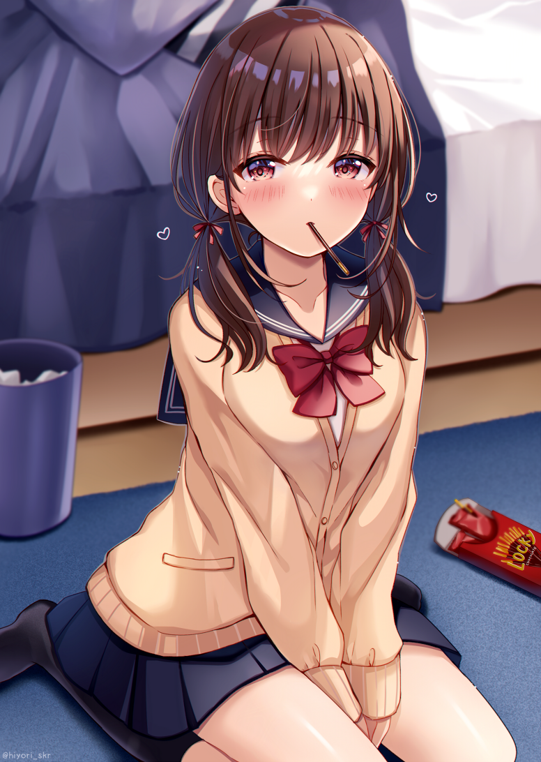 1girl bangs bed between_legs black_legwear blue_sailor_collar blue_skirt blush bow box breasts brown_cardigan brown_hair cardigan commentary_request eyebrows_visible_through_hair food food_in_mouth hair_over_shoulder hair_ribbon hand_between_legs heart indoors long_hair long_sleeves looking_at_viewer low_twintails mouth_hold no_shoes original pleated_skirt pocky red_bow red_eyes red_ribbon ribbon sailor_collar sakura_hiyori school_uniform serafuku shirt sitting skirt sleeves_past_wrists small_breasts socks solo trash_can twintails wariza white_shirt