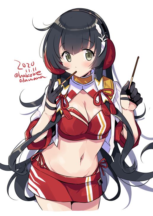 1girl bandeau black_gloves black_hair cowboy_shot cropped_jacket dated eyebrows_visible_through_hair food gloves green_eyes groin headphones holding holding_food jacket kantai_collection long_hair mizuho_(kantai_collection) navel odawara_hakone pocky racequeen red_bandeau red_skirt short_sleeves simple_background skirt solo twitter_username very_long_hair white_background white_jacket