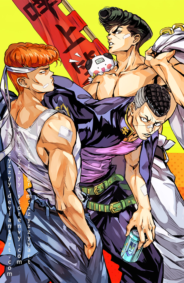 3boys :d bandaid bandaid_on_face bandaid_on_nose banner belt biceps black_hair blue_jacket blue_pants blush_stickers can chest closed_mouth collarbone crossover deviantart_username diamond_wa_kudakenai gakuran hand_in_pocket holding holding_can holding_clothes hunter_x_hunter instagram_username jacket jacket_on_shoulders jacket_removed jojo_no_kimyou_na_bouken knuckle_bine kuwabara_kazuma looking_at_viewer looking_back male_focus manly multicolored multicolored_background multiple_boys multiple_crossover muscle nijimura_okuyasu notice_lines number open_clothes open_jacket open_mouth orange_background pants parted_lips pectorals pompadour potclean purple_jacket purple_pants purple_shirt red_background redhead school_uniform serious shirt shirtless sleeveless smile standing star_(symbol) trait_connection watermark web_address white_jacket white_pants white_shirt yellow_background yen_sign yuu_yuu_hakusho zzyzzyy