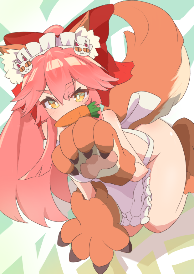 1girl animal_ear_fluff animal_ears apron bangs bare_shoulders bell bell_collar blush bow breasts carrot cat_hair_ornament collar fate/extra fate/grand_order fate_(series) fox_ears fox_girl fox_tail gloves hair_bow hair_ornament jingle_bell large_breasts long_hair looking_at_viewer maid_headdress naked_apron paw_gloves paw_shoes paws pink_hair ponytail red_bow shoes sidelocks tail tamamo_(fate)_(all) tamamo_cat_(fate) white_apron yellow_eyes yokirin_(rinkyo)