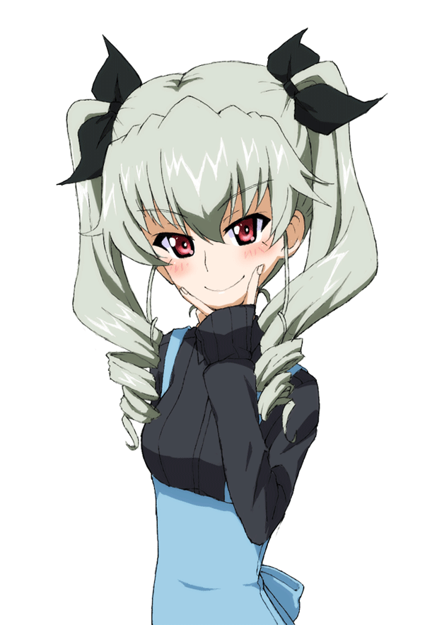 1girl anchovy_(girls_und_panzer) arm_behind_back back_bow bangs black_ribbon black_sweater blue_dress blush bow casual closed_mouth dress drill_hair eyebrows_visible_through_hair fingersmile girls_und_panzer green_hair hair_ribbon kayabakoro long_hair long_sleeves looking_at_viewer pinafore_dress red_eyes ribbon sleeves_past_wrists smile solo standing sweater twin_drills twintails upper_body v