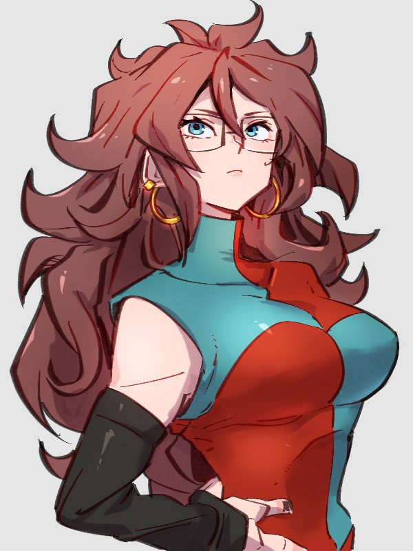 1girl android_21 blue_eyes breasts checkered checkered_dress closed_mouth dragon_ball dragon_ball_fighterz dress earrings glasses grey_background hair_between_eyes hoop_earrings jewelry kemachiku large_breasts long_hair looking_up redhead simple_background solo