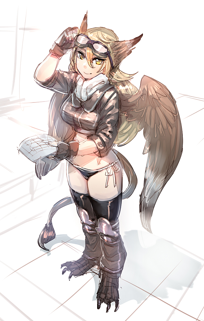 1girl adjusting_goggles black_jacket black_legwear black_panties blonde_hair bow_(bhp) brown_gloves brown_wings claws closed_mouth feathered_wings fingerless_gloves gloves goggles goggles_on_head griffin hair_between_eyes hand_up holding jacket lion_tail long_hair long_sleeves looking_at_viewer monster_girl original panties scarf side-tie_panties slit_pupils smile solo standing tail thigh-highs underwear white_scarf wings yellow_eyes