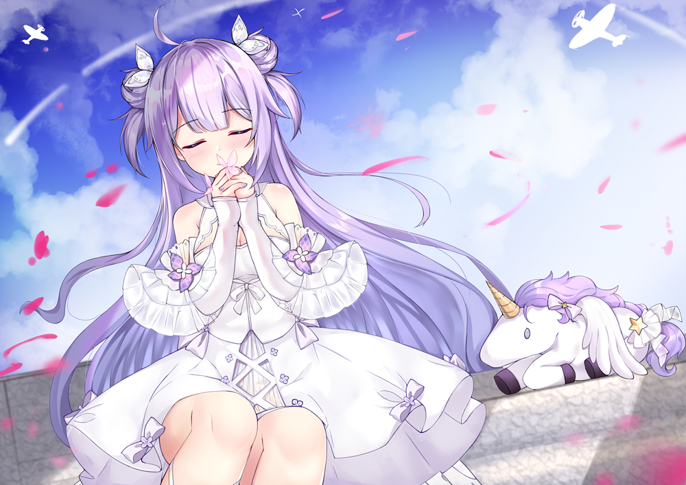 1girl ahoge aircraft airplane azur_lane bangs bare_shoulders blue_sky blush bow closed_eyes closed_mouth clouds cloudy_sky commentary_request day detached_sleeves double_bun dress eyebrows_visible_through_hair facing_viewer feet_out_of_frame flower hair_ribbon hands_clasped hands_up kuaua long_sleeves outdoors own_hands_together petals purple_bow purple_hair ribbon short_over_long_sleeves short_sleeves sitting sky sleeveless sleeveless_dress sleeves_past_wrists smile solo stuffed_alicorn stuffed_animal stuffed_toy two_side_up unicorn_(azur_lane) white_dress white_flower white_ribbon white_sleeves wide_sleeves