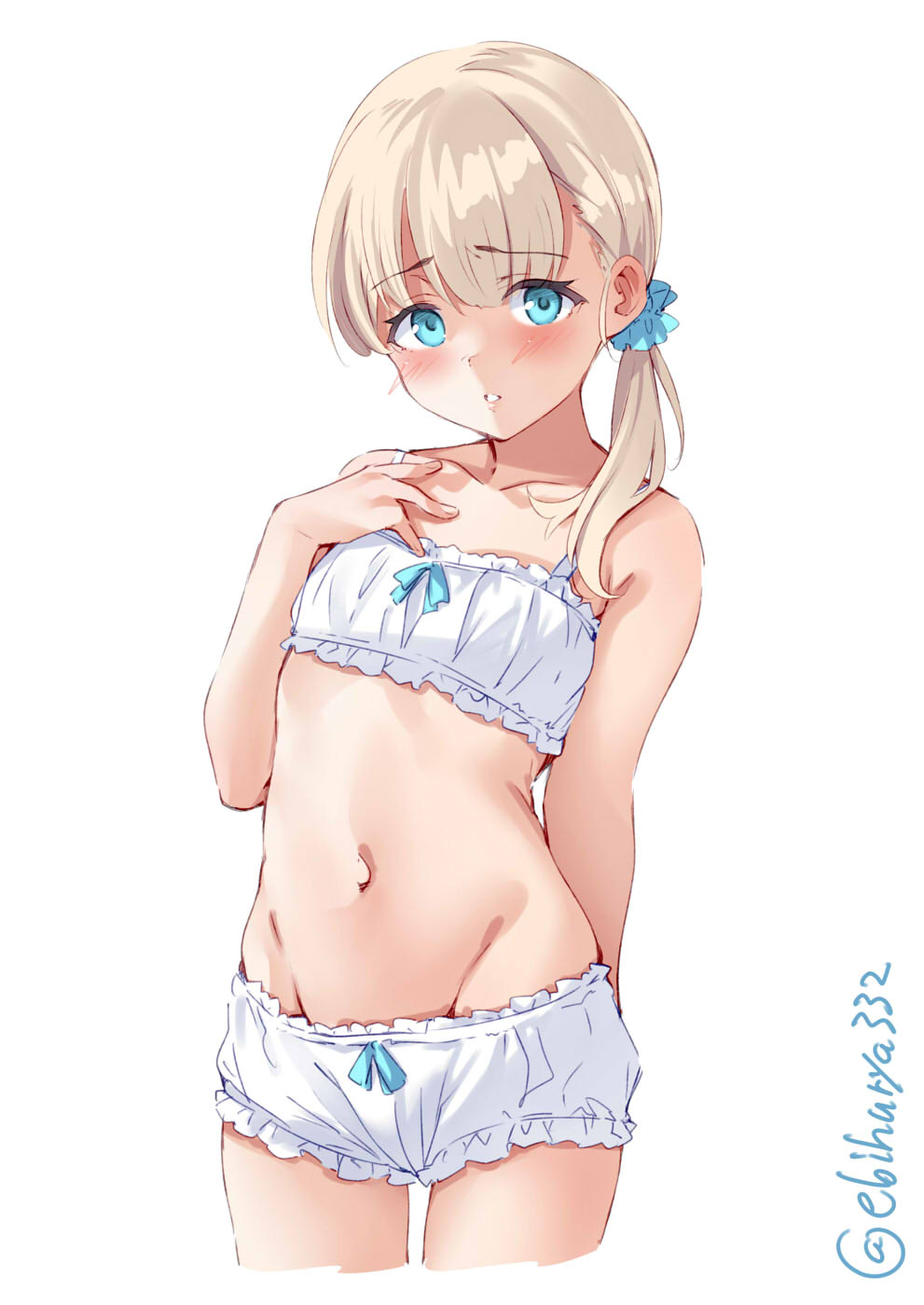 1girl blonde_hair blue_eyes blue_scrunchie blush collarbone cropped_legs ebifurya eyebrows_visible_through_hair groin highres kantai_collection long_hair navel parted_lips scrunchie shin'you_(kantai_collection) simple_background solo twitter_username underwear underwear_only white_background