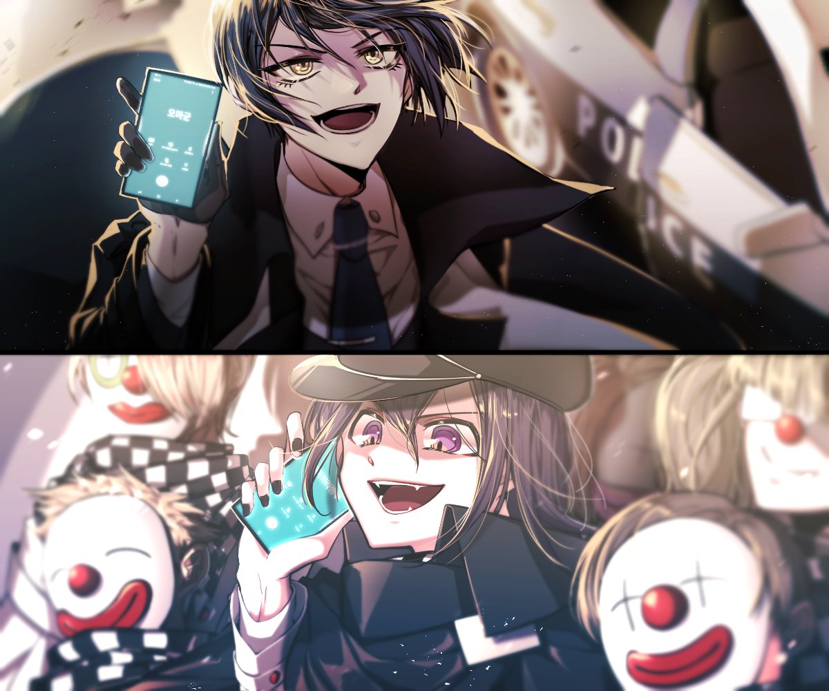 1girl 5boys alternate_costume bangs black_cape black_hair black_headwear black_jacket black_nails blurry blurry_background brown_eyes cape car cellphone collared_shirt dangan_ronpa fangs ground_vehicle hair_between_eyes hand_up hat holding holding_phone jacket long_sleeves looking_down looking_up lysm425 male_focus motor_vehicle multiple_boys new_dangan_ronpa_v3 open_mouth ouma_kokichi phone police_car saihara_shuuichi shirt short_hair smartphone split_screen violet_eyes white_jacket white_shirt