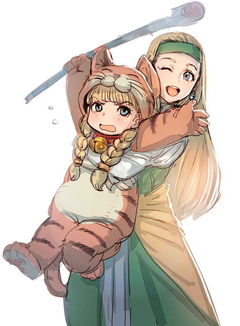 2girls :d animal_costume animal_print bell blonde_hair blue_eyes bow_(bhp) braid child d: dragon_quest dragon_quest_xi dress green_dress hands_up headband holding holding_person holding_staff jingle_bell long_hair multiple_girls one_eye_closed open_mouth senya_(dq11) simple_background smile staff tiger_costume tiger_print twin_braids veronica_(dq11) waist_cape white_background