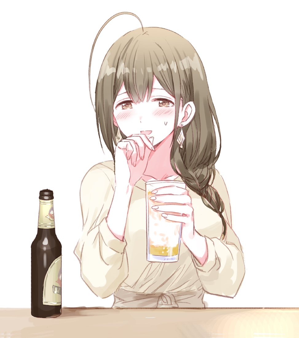 1girl :d ahoge alcohol beer beer_bottle braid brown_eyes brown_hair commentary_request cup drinking_glass earrings hand_on_own_chin holding holding_cup idolmaster idolmaster_shiny_colors jewelry kuwayama_chiyuki open_mouth romi_(346_ura) simple_background single_braid smile solo sweatdrop upper_body white_background