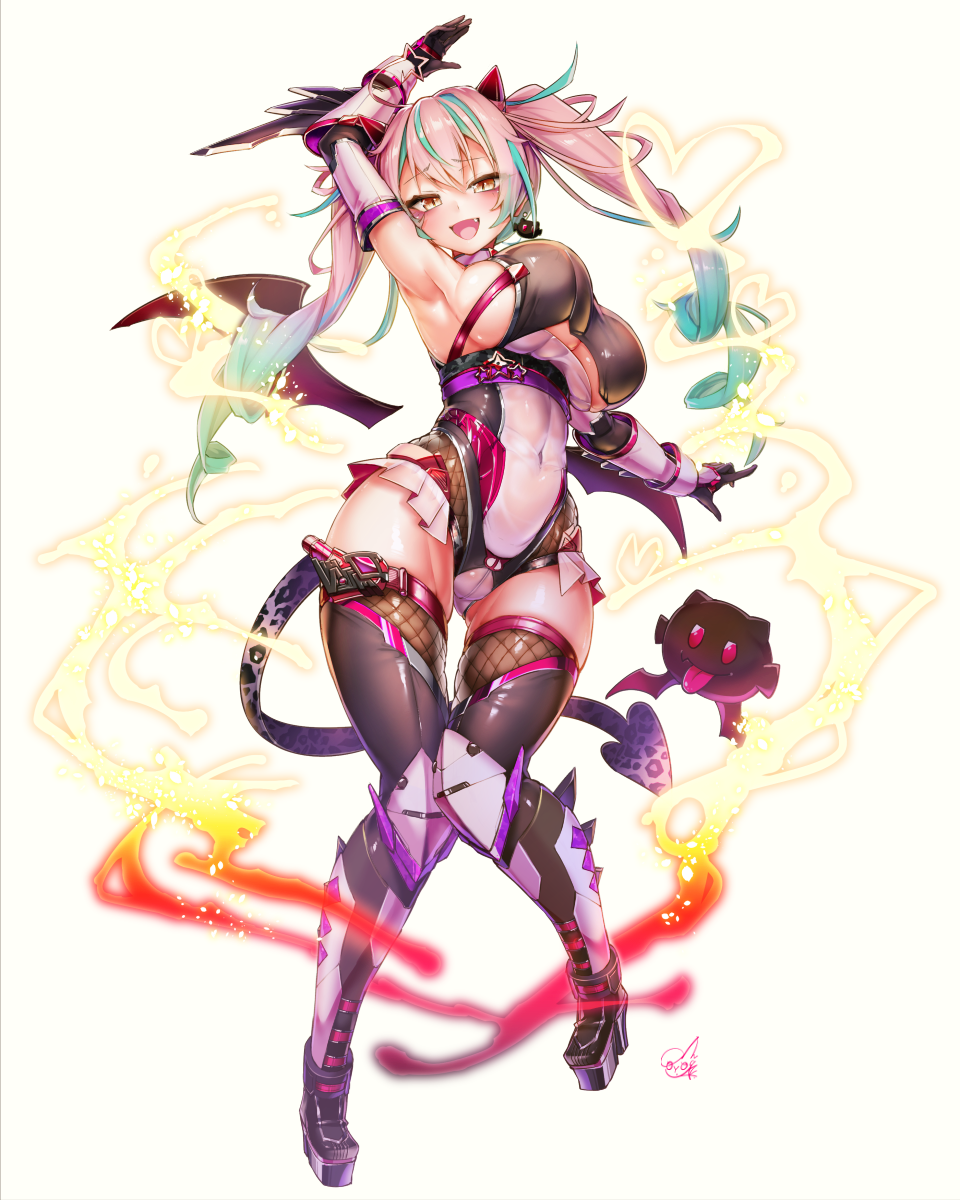 1girl :p armpits arms_up bangs blush boots breasts commentary_request covered_navel demon_tail demon_wings doyouwantto elbow_gloves eyebrows_visible_through_hair fang fishnet_legwear fishnets full_body gloves heart highleg highleg_leotard highres horns indie_virtual_youtuber kiara_amemura large_breasts leotard long_hair looking_at_viewer multicolored_hair open_mouth pink_hair pointy_ears shiny shiny_clothes shiny_skin sideboob smile solo striped tail thigh-highs tongue tongue_out twintails virtual_youtuber wings