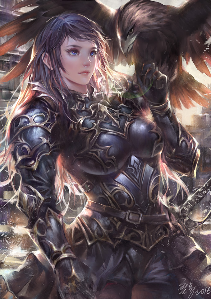 1girl animal arm_at_side armor artist_name backlighting bangs belt belt_buckle bird bird_request black_armor blue_eyes blurry bokeh breastplate buckle closed_mouth commentary_request dated day depth_of_field fantasy gauntlets knight lips long_hair original outdoors scabbard sheath sheathed shoulder_armor signature solo sword weapon wuduo