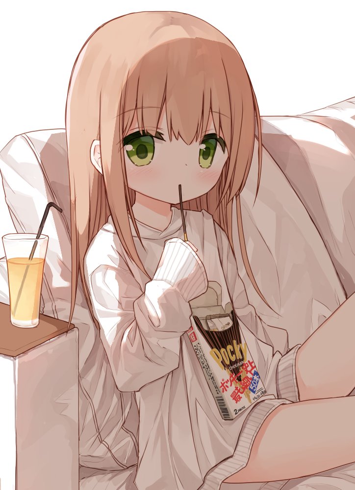 1girl bangs bendy_straw blush box brown_hair closed_mouth commentary_request cup cushion drink drinking_glass drinking_straw eyebrows_visible_through_hair food green_eyes hair_between_eyes holding holding_food long_hair long_sleeves looking_at_viewer original pocky shirt sitting sleeves_past_wrists solo very_long_hair waka_(yuuhagi_(amaretto-no-natsu)) white_shirt wide_sleeves yuuhagi_(amaretto-no-natsu)