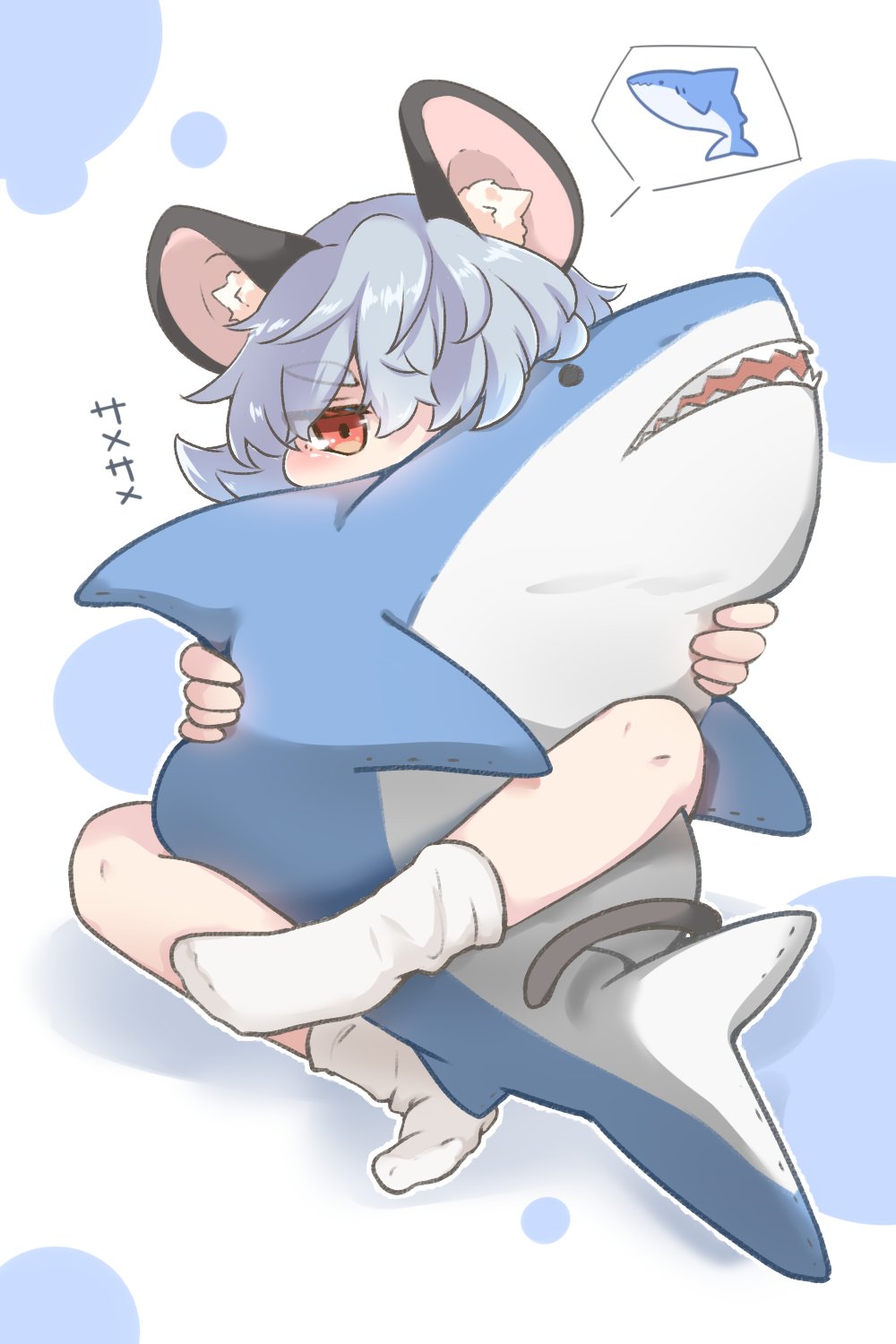 1girl animal_ear_fluff animal_ears blush commentary_request doll_hug full_body grey_hair highres holding looking_at_viewer mouse_ears mouse_tail nazrin no_shoes red_eyes short_hair socks solo spoken_object stuffed_animal stuffed_shark stuffed_toy tail take_no_ko_(4919400) thick_eyebrows touhou translation_request white_background white_legwear