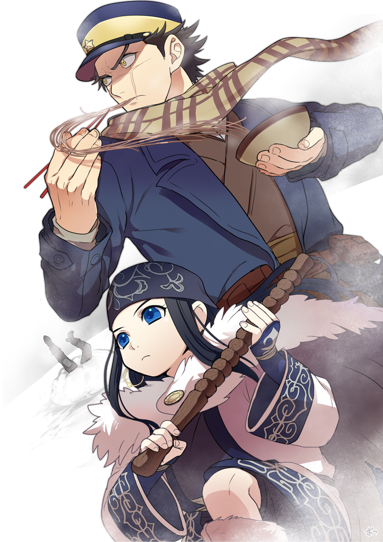 1girl 2boys ainu ainu_clothes asirpa bandana belt black_hair blue_eyes blue_jacket boots bowl brown_belt buried cape chopsticks closed_mouth commentary_request eating facial_scar food fur_cape fur_trim golden_kamuy hat holding holding_bowl holding_chopsticks holding_stick imperial_japanese_army jacket japanese_clothes kepi legs_up long_hair long_sleeves looking_away military military_hat military_uniform multiple_boys noodles onnomono outdoors scar scarf shiraishi_yoshitake short_hair snow stick sugimoto_saichi uniform upper_body wide_sleeves yellow_eyes yellow_scarf