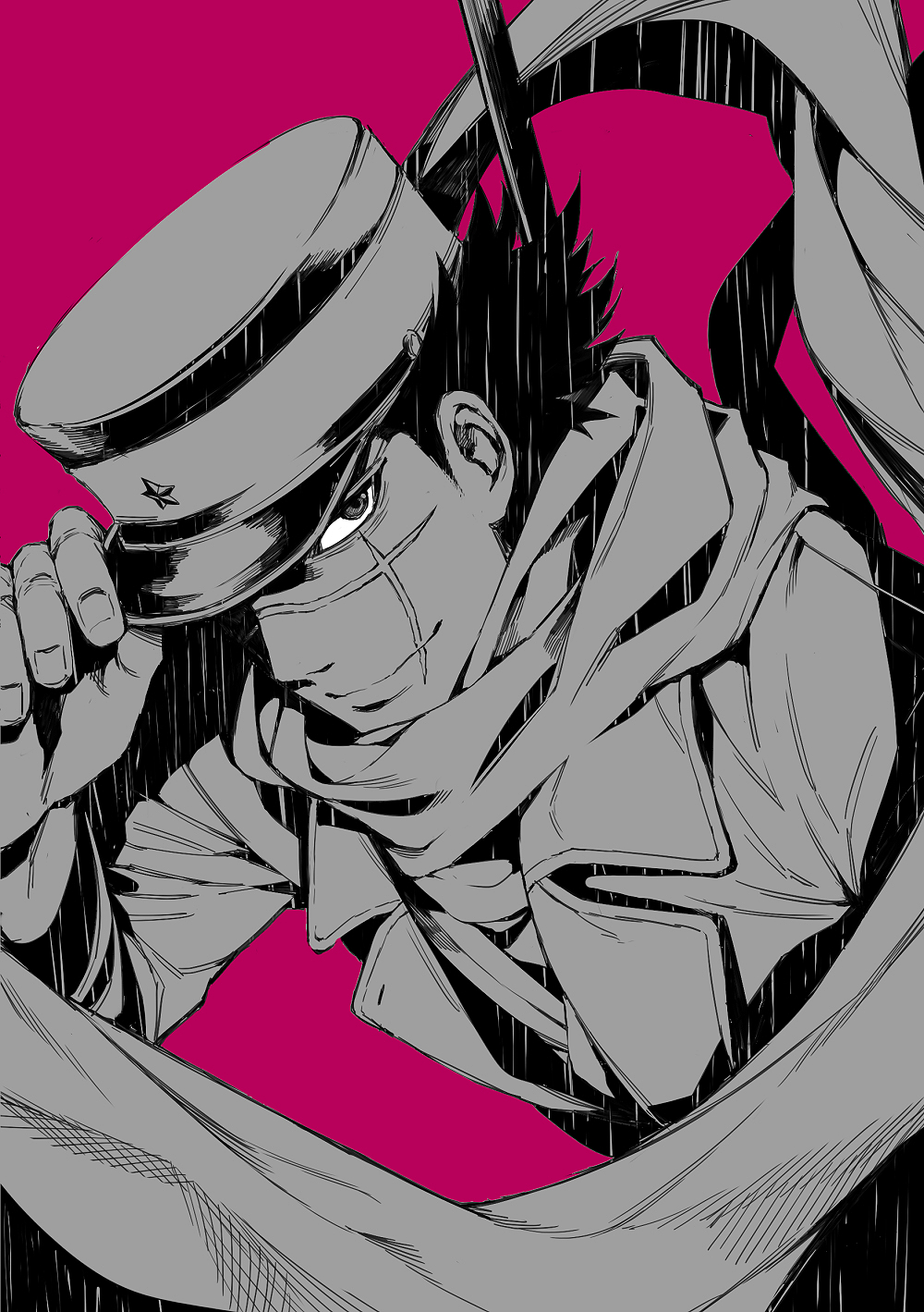 1boy adjusting_clothes adjusting_headwear black_hair facial_scar golden_kamuy hat highres imperial_japanese_army kepi looking_at_viewer male_focus military military_hat military_uniform multiple_monochrome pink_background scar scar_on_cheek scarf short_hair solo sugimoto_saichi uniform upper_body weapon weapon_on_back zanki