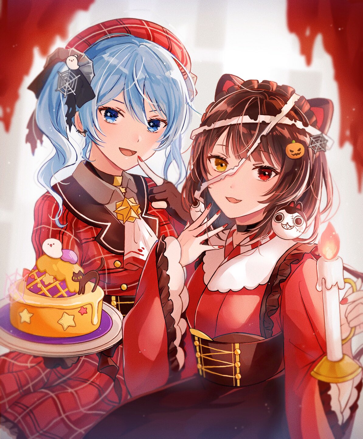 2girls :3 alternate_costume animal_ears ascot bandages beret black_cat black_choker blood bloody_bandages blue_eyes blue_hair brown_eyes brown_gloves brown_hair bustier cake candle candlestick cat cat_hair_ornament choker corset dog_ears dog_girl double-breasted dress fang finger_to_mouth fingers_to_mouth food food_themed_hair_ornament ghost_hair_ornament gloves hair_ornament halloween hat heterochromia highres holding holding_candle holding_plate hololive hoshimachi_suisei icing inui_toko japanese_clothes kimono looking_at_viewer loose_bandages maid_headdress multiple_girls nail_polish nijisanji obi open_mouth partially_fingerless_gloves pendant_choker plaid plaid_dress plate ponigiri12 pumpkin_hair_ornament red_dress red_eyes red_kimono red_nails sash scrunchie side_ponytail sitting spider_web_hair_ornament star_(symbol) star_in_eye star_pendant symbol_in_eye torn_curtains tsurime wavy_hair wide_sleeves