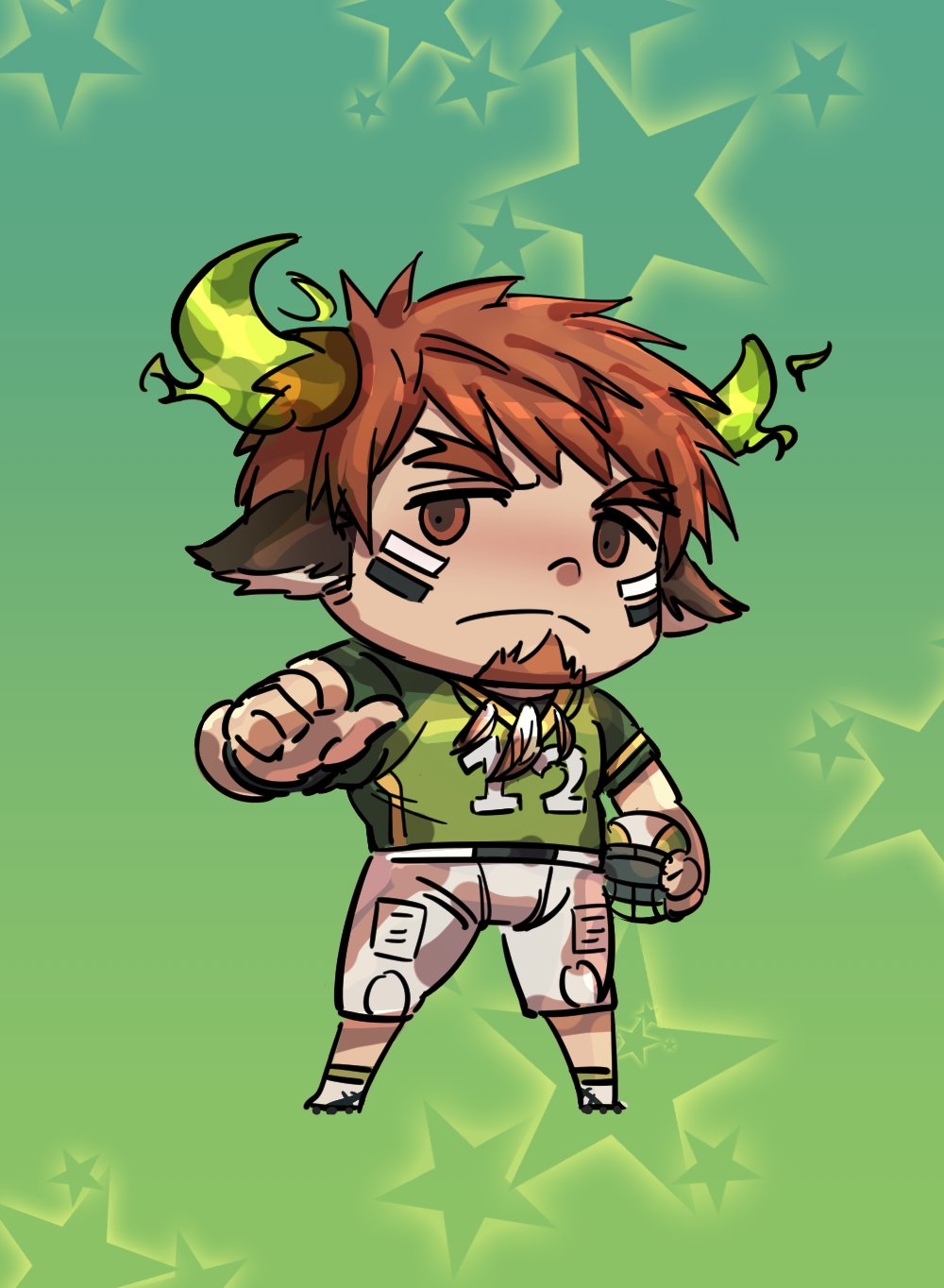 1boy animal_ears brown_hair chibi cow_ears facial_hair fate/grand_order fate_(series) forked_eyebrows full_body glowing_horns goatee gradient gradient_background headwear_removed helmet helmet_removed highres horns ina_zuma male_focus pointing pointing_at_self riyo_(lyomsnpmp)_(style) short_hair sideburns simple_background solo sportswear thick_eyebrows tokyo_houkago_summoners wakan_tanka