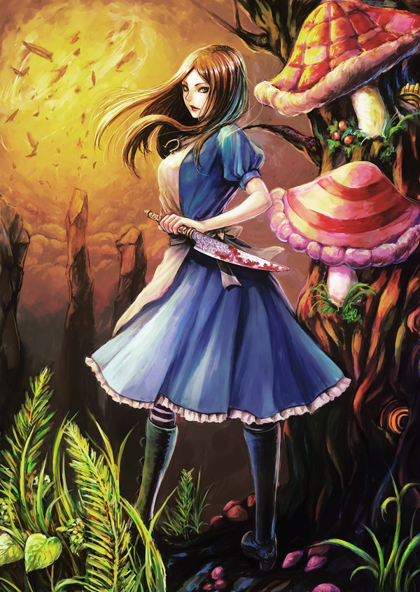 1girl alice:_madness_returns alice_(wonderland) alice_in_wonderland american_mcgee's_alice apron black_hair blood breasts closed_mouth dress green_eyes jewelry jupiter_symbol knife long_hair looking_at_viewer natsume_k necklace
