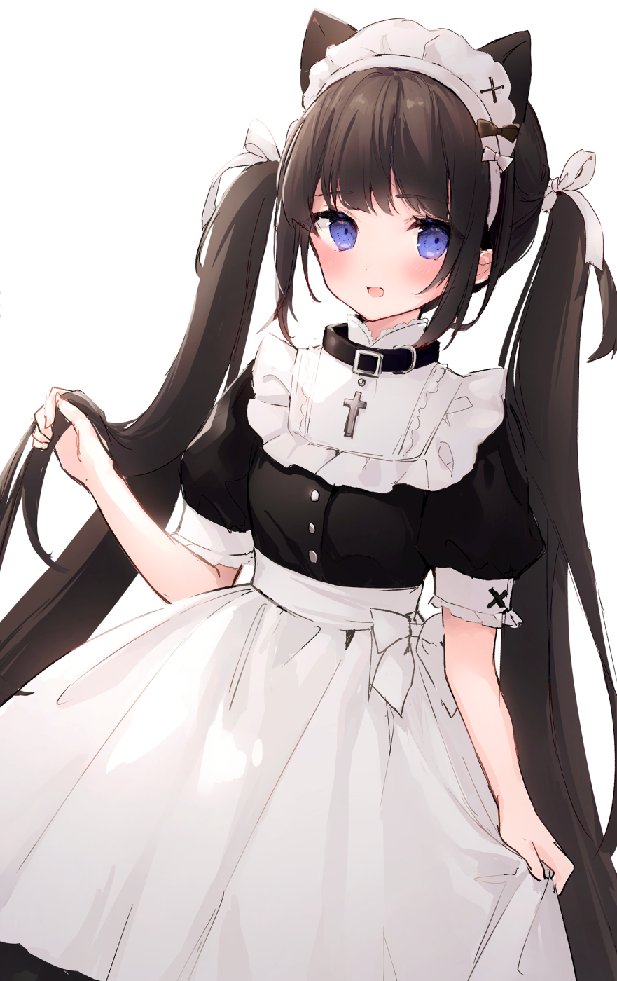 1girl :d animal_ears apron bangs black_collar black_dress black_hair blue_eyes cat_ears collar commentary_request dress dutch_angle eyebrows_visible_through_hair hair_ribbon highres holding holding_hair latin_cross long_hair looking_at_viewer maid maid_headdress open_mouth original puffy_short_sleeves puffy_sleeves ribbon short_sleeves simple_background smile solo standing suzumori_uina twintails very_long_hair waist_apron white_apron white_background white_ribbon