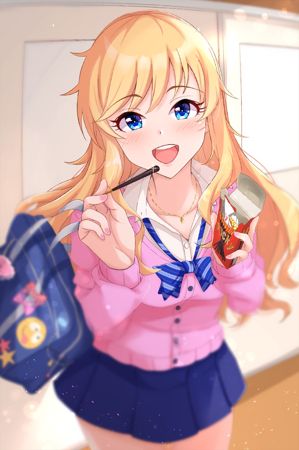 1girl :d bag bangs blonde_hair blue_eyes blue_neckwear blue_skirt blurry blurry_background blush bow bowtie breasts cardigan collar collarbone eyebrows_visible_through_hair food highres idolmaster idolmaster_cinderella_girls idolmaster_cinderella_girls_starlight_stage indoors jewelry light_particles long_hair long_sleeves looking_at_viewer loose_bowtie medium_breasts nail_polish namidako necklace ootsuki_yui open_mouth pink_bow pink_cardigan pleated_skirt pocky pocky_day red_bow school_bag school_uniform skirt smile solo star_(symbol) striped striped_neckwear uniform upper_teeth white_collar