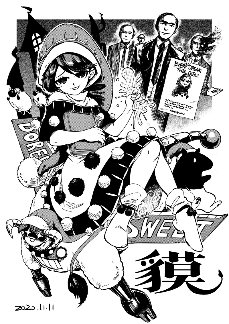 +_+ 1girl 4boys alternative_facts_in_eastern_utopia black_dress black_jacket black_neckwear blackcat_(pixiv) book building character_name chinese_commentary commentary dated doreking doremy_sweet dream_soul dress english_text full_body greyscale hat holding jacket long_hair long_sleeves looking_at_viewer monochrome multiple_boys necktie nightcap pom_pom_(clothes) poster_(object) sheep shirt short_sleeves smile tail tapir tapir_tail this_man touhou turtleneck white_dress white_footwear white_shirt