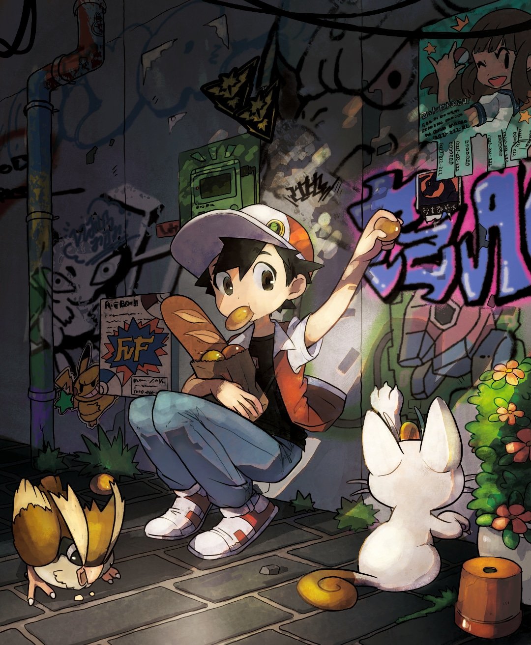 1boy against_wall alley arm_up badge bag bangs baseball_cap black_hair black_shirt bo9_(bo9_nc) bread commentary_request flower_pot food gen_1_pokemon graffiti hat highres jacket knees_together looking_to_the_side male_focus meowth mouth_hold pants paper_bag pidgey pigeon-toed pokemon pokemon_(game) pokemon_rgby red_(pokemon) shadow shirt shoes short_sleeves squatting