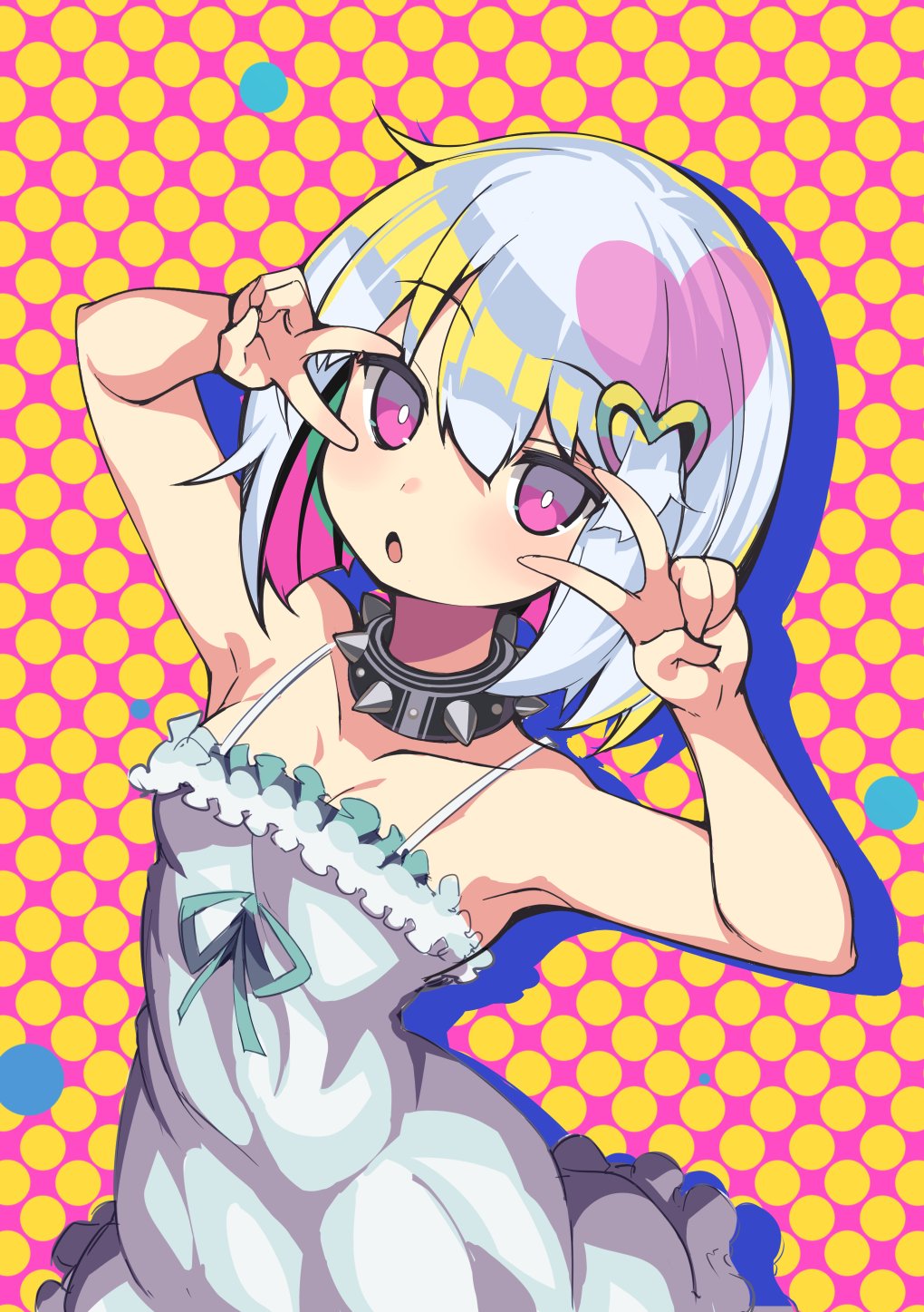 1girl :o bare_shoulders blush collar collarbone commentary dohna_dohna dotted_background double_v dress eyebrows_visible_through_hair hands_up heart highres looking_at_viewer multicolored_hair nibansu open_mouth pink_eyes pink_hair porno_(dohna_dohna) short_hair solo spaghetti_strap spiked_collar spikes upper_body v white_hair