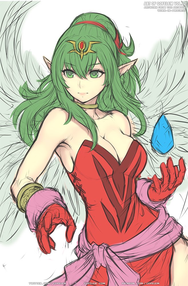 1girl breasts crystal fire_emblem fire_emblem_awakening fire_emblem_heroes floating floating_object gloves gofelem green_eyes green_hair looking_to_the_side manakete medium_breasts open_hand open_hands pointy_ears red_gloves sketch solo tiki_(fire_emblem) wings