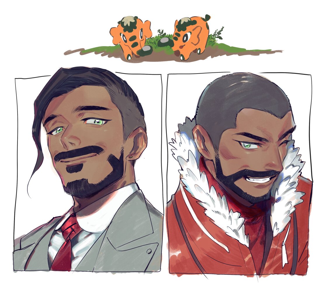 2boys black_hair business_suit clenched_teeth closed_mouth collared_shirt cufant expedition_uniform facial_hair formal fur-trimmed_jacket fur_trim gen_8_pokemon green_eyes grey_jacket grey_vest jacket kmtk male_focus multiple_boys necktie one_eye_closed orange_jacket peony_(pokemon) pokemon pokemon_(creature) pokemon_(game) pokemon_swsh red_neckwear rose_(pokemon) shirt short_hair suit teeth undercut very_short_hair vest white_shirt