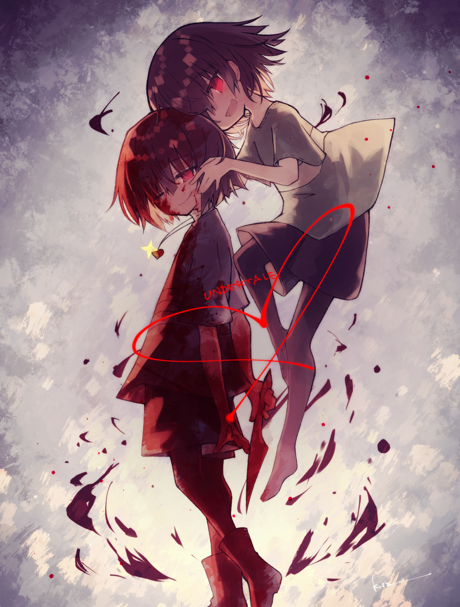 2others :d androgynous artist_name blood blood_on_face bloody_clothes bloody_hands brown_hair chara_(undertale) copyright_name empty_eyes eyebrows_visible_through_hair floating frisk_(undertale) hair_between_eyes hand_on_another's_cheek hand_on_another's_face heart heart_necklace holding holding_knife holding_weapon jewelry kasuga_haruhi knife leg_up mixed-language_commentary multiple_others necklace one_eye_closed open_mouth red_eyes shirt short_hair shorts signature smile spoilers striped striped_shirt undertale weapon