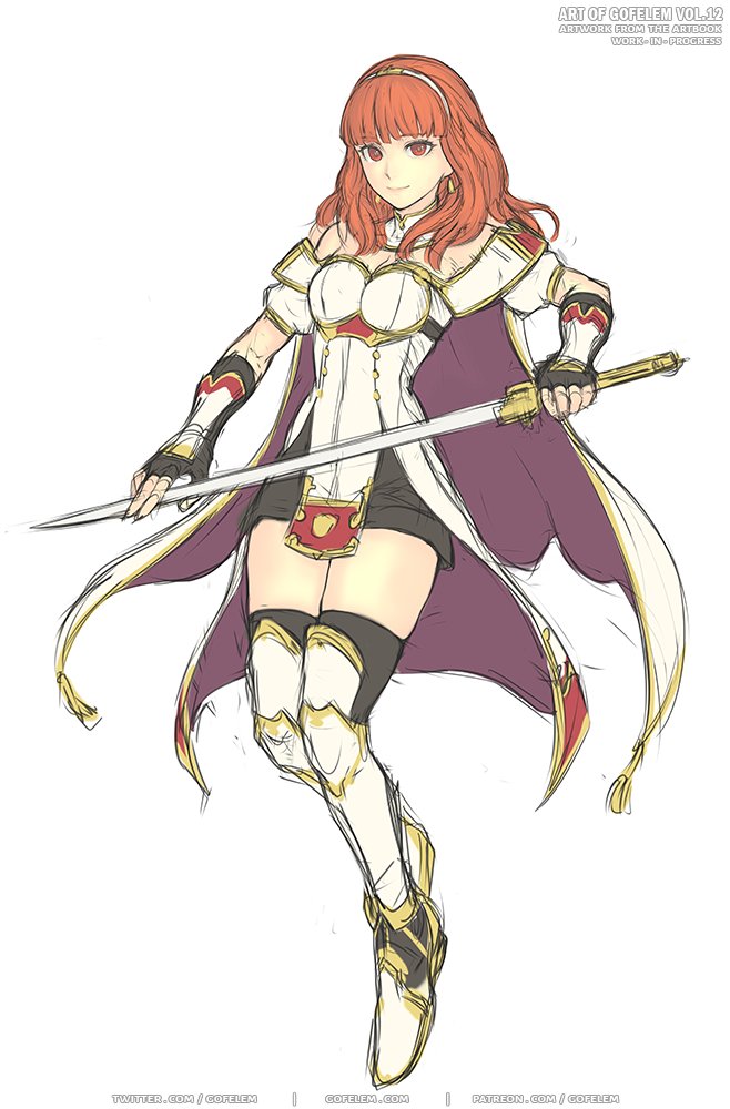 1girl breasts cape celica_(fire_emblem) fire_emblem fire_emblem_echoes:_shadows_of_valentia fire_emblem_heroes gofelem headband holding holding_sword holding_weapon looking_at_viewer red_eyes redhead skindentation small_breasts solo sword thigh-highs weapon white_background