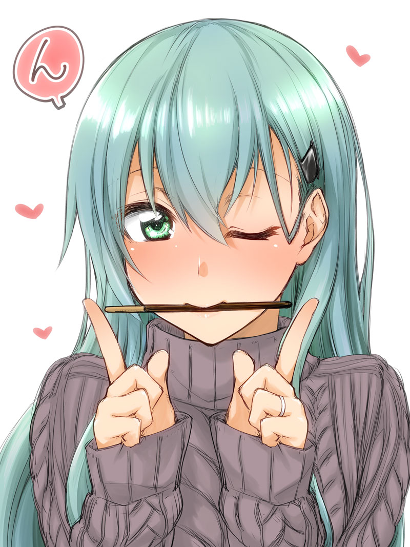 1girl alternate_costume aqua_eyes aqua_hair blush commentary_request eyebrows_visible_through_hair food food_in_mouth hair_ornament hairclip heart jewelry kantai_collection long_hair long_sleeves looking_at_viewer mikagami_sou mouth_hold one_eye_closed pocky pocky_day ribbed_sweater ring simple_background smile solo suzuya_(kantai_collection) sweater turtleneck turtleneck_sweater upper_body wedding_band white_background