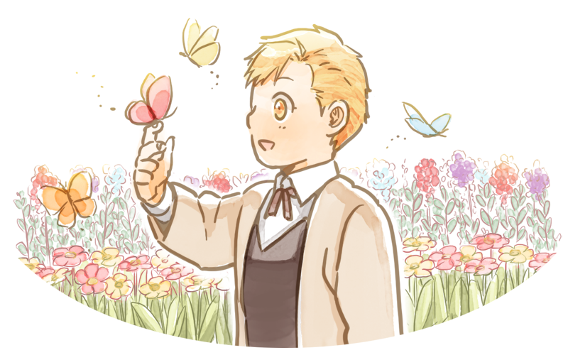 1boy :d alphonse_elric arm_at_side bangs beige_coat blonde_hair blue_butterfly blue_flower brown_neckwear brown_vest bug butterfly butterfly_on_finger chibi coat collared_shirt cropped_torso eyelashes facing_away field fingernails flower flower_field formal fullmetal_alchemist hand_up happy index_finger_raised insect leaf light_blush looking_afar male_focus necktie open_clothes open_coat open_mouth orange_butterfly outline oval_background pai_(1111) pink_butterfly pink_flower profile purple_flower red_flower shaded_face shirt simple_background smile swept_bangs tareme vest white_background white_outline white_shirt yellow_butterfly yellow_eyes yellow_flower