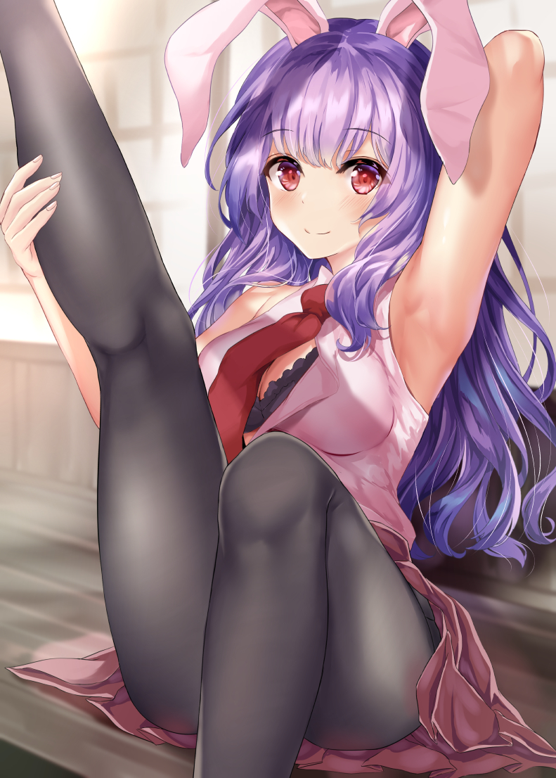 animal_ears armpits bra breasts convenient_leg holding kerotsupii_deisuku large_breasts leg_up long_hair looking_at_viewer necktie open_clothes open_shirt pantyhose purple_hair rabbit_ears red_eyes reisen_udongein_inaba sitting smile thighs touhou underwear wavy_hair