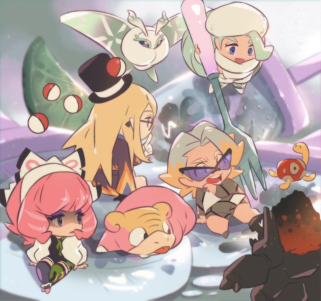 2boys 2girls asymmetrical_legwear avery_(pokemon) black-framed_eyewear black_headwear blonde_hair boots brown_jacket chibi coalossal commentary fork frosmoth fur_jacket galarian_form galarian_slowpoke gen_2_pokemon gen_8_pokemon glasses gordie_(pokemon) gym_leader hat holding holding_fork jacket klara_(pokemon) long_hair melony_(pokemon) mikripkm mini_hat multicolored_hair multiple_boys multiple_girls pink_hair pink_lips poke_ball poke_ball_(basic) pokemon pokemon_(creature) pokemon_(game) pokemon_swsh purple_eyeshadow scarf shoes shorts shuckle sitting sunglasses sweater thigh-highs two-tone_hair white_footwear white_headwear white_jacket white_scarf white_sweater