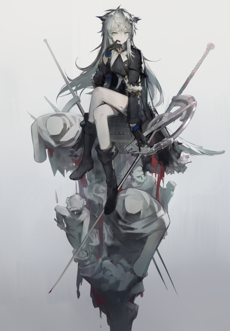 1girl animal_ears arknights black_coat black_dress black_footwear black_gloves blood coat dress gloves grey_eyes huanxiang_heitu lappland_(arknights) long_hair weapon white_hair wolf_ears