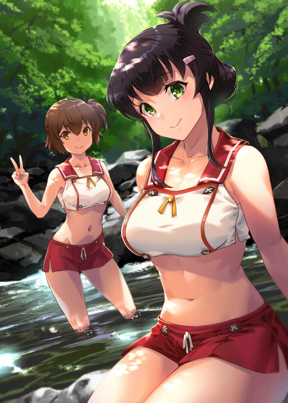 2girls :&gt; bangs bare_shoulders black_hair blush breasts brown_eyes brown_hair closed_mouth collarbone contrapposto crop_top day don_michael etou_kanami eyebrows_visible_through_hair folded_ponytail forest green_eyes hair_ornament hairclip highres large_breasts looking_at_viewer miniskirt multiple_girls nature navel one_side_up outdoors red_skirt rock short_hair_with_long_locks side_slit sidelocks sitting skirt sleeveless standing stomach sunlight toji_no_miko v wading water yanase_mai
