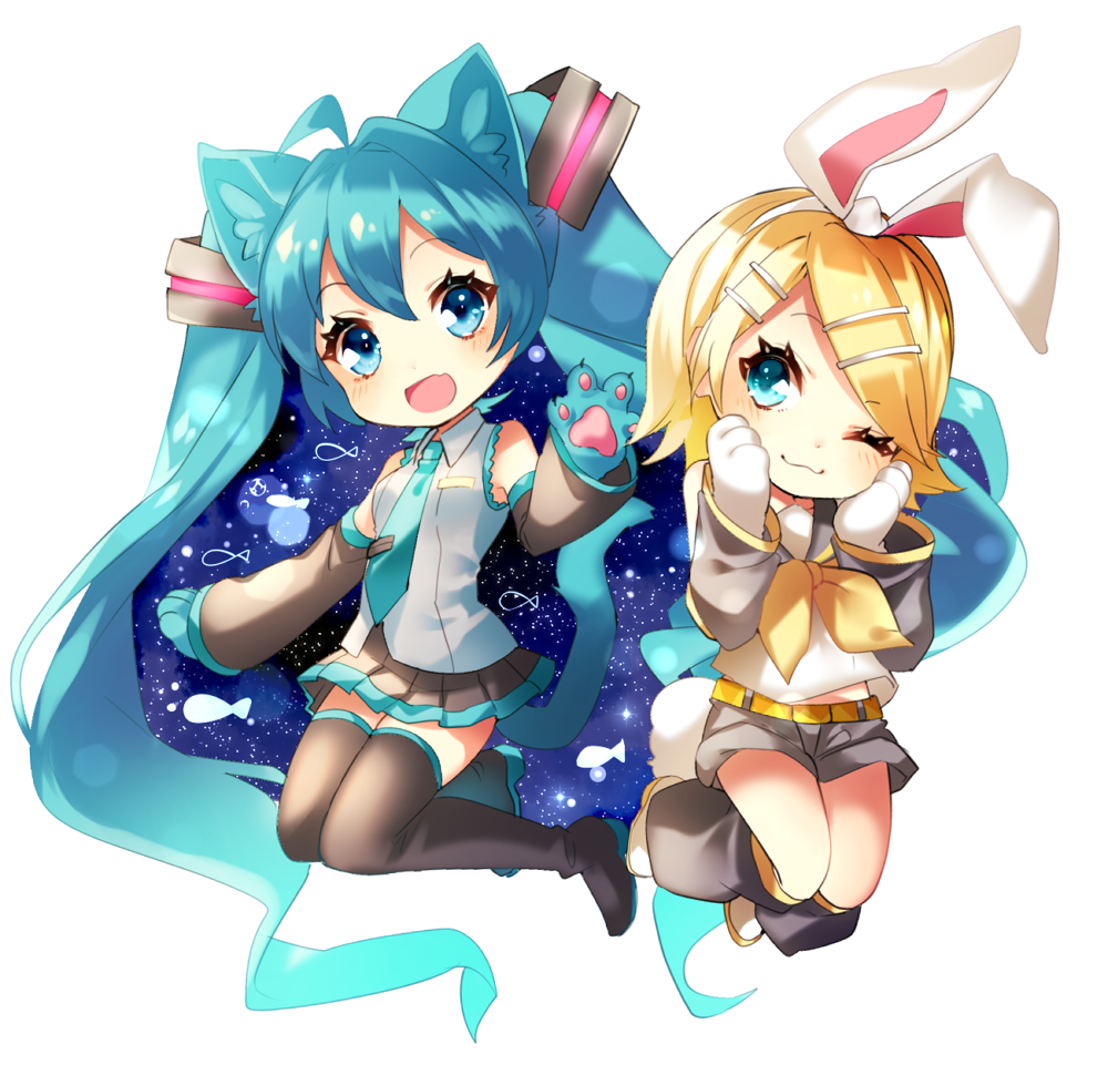 2girls :3 animal_ears aqua_eyes aqua_hair aqua_neckwear bangs bare_shoulders black_legwear black_skirt black_sleeves blonde_hair bow bunny_paws bunny_tail cat_ears cat_tail chibi collar commentary detached_sleeves fish full_body gloves grey_collar grey_shirt grey_shorts hair_bow hair_ornament hairclip hands_on_own_cheeks hands_on_own_face hatsune_miku kagamine_rin leg_warmers legs_up long_hair looking_at_viewer matatabi_dango miniskirt multiple_girls neckerchief necktie night night_sky one_eye_closed open_mouth paw_gloves paws pleated_skirt rabbit_ears sailor_collar school_uniform shirt short_hair short_shorts shorts shoulder_tattoo skirt sky sleeveless sleeveless_shirt smile swept_bangs tail tattoo thigh-highs twintails very_long_hair vocaloid white_bow white_shirt yellow_neckwear zettai_ryouiki