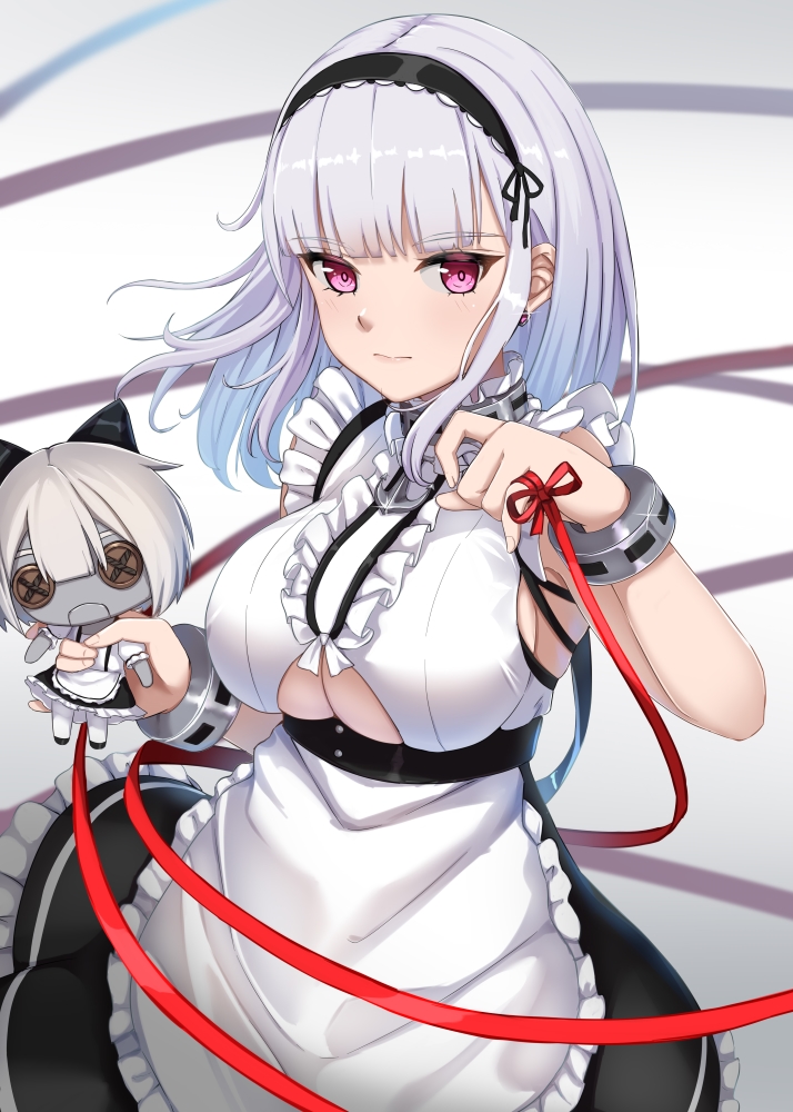 1girl anchor_choker apron as4gi azur_lane bangs bare_shoulders black_hairband black_skirt blunt_bangs bracelet breasts button_eyes center_frills character_doll choker closed_mouth clothing_cutout commentary cowboy_shot dido_(azur_lane) doll earrings eyebrows_visible_through_hair frilled_choker frilled_skirt frills glint hairband heart heart_earrings holding holding_doll jewelry lace-trimmed_hairband lace_trim large_breasts light_blush long_hair looking_at_viewer shirt sidelocks silver_hair skirt sleeveless sleeveless_shirt solo standing string string_of_fate under_boob underboob_cutout violet_eyes waist_apron white_apron white_background white_shirt